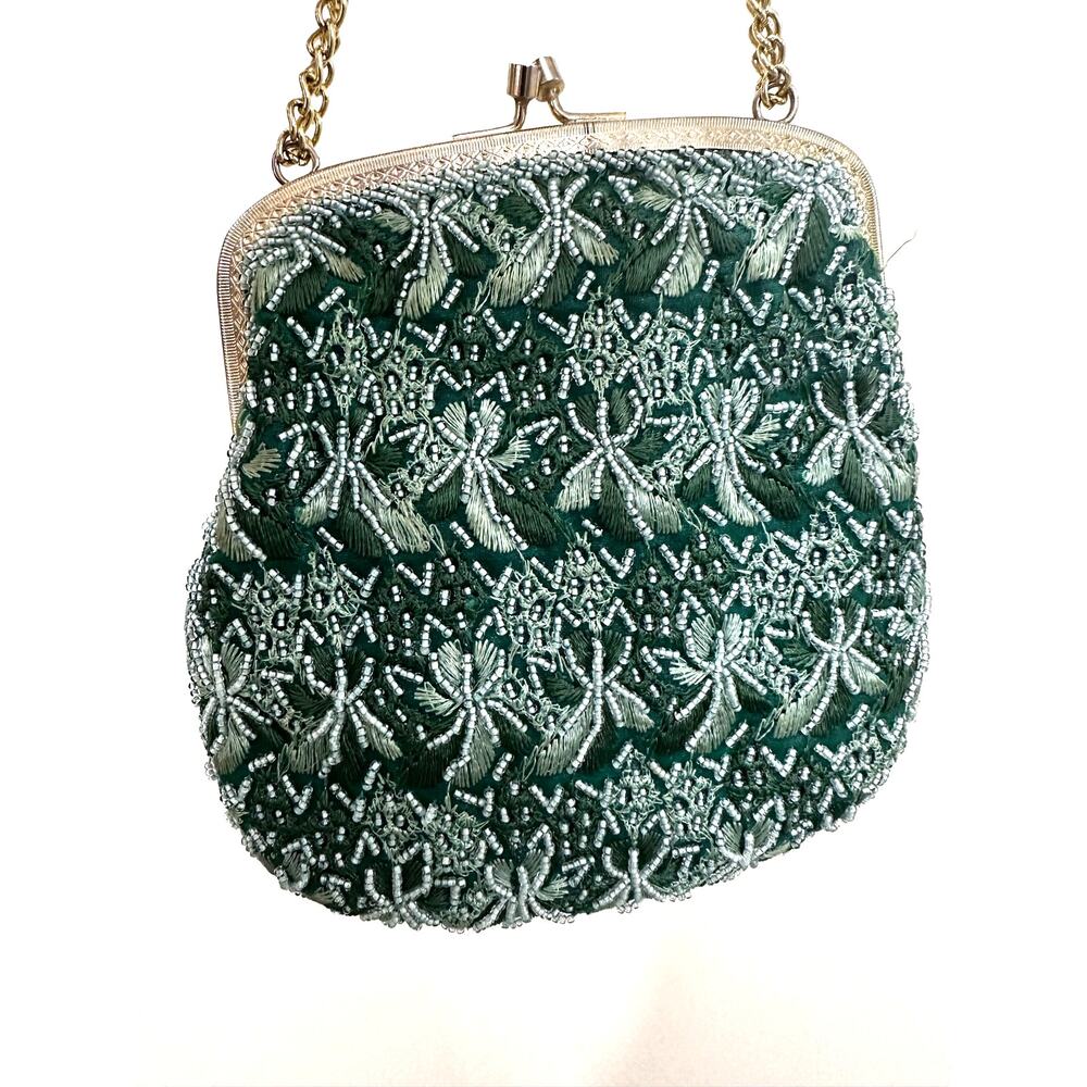 Beautiful Vintage Walborg Green Beaded Clutch Purse Small